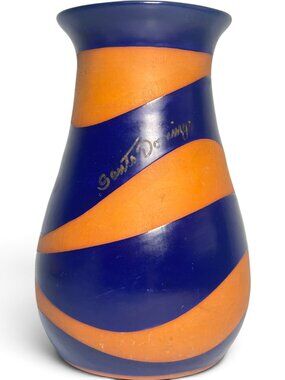 Cobalt Blue Cut Away Orange Ceramic Vase Diagonal Bands Gold Script Flared Neck